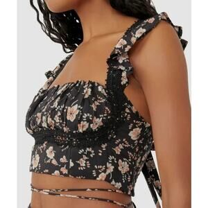NWT Free People Bijou Floral Square Neck Smocked Crop Top Black Pink Women's 10